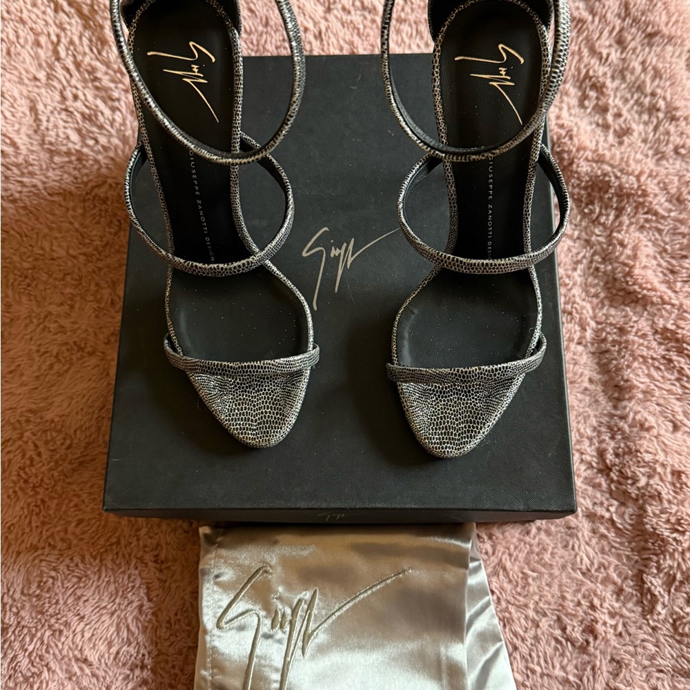 Giuseppe Zanotti Black and Silver Strappy Pointed Toe Heels